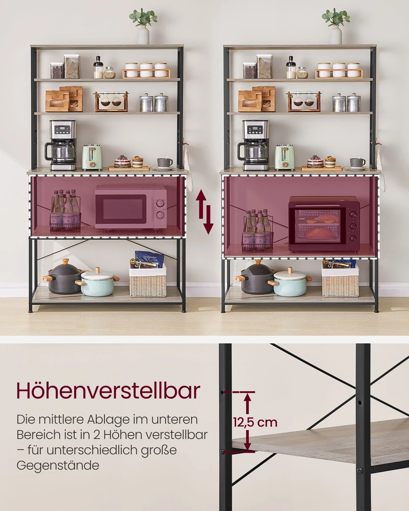 Songmics Vasagle Virtuvės lentyna 6 lentynų lygiai 40 x 100 x 167 cm pilkai juoda