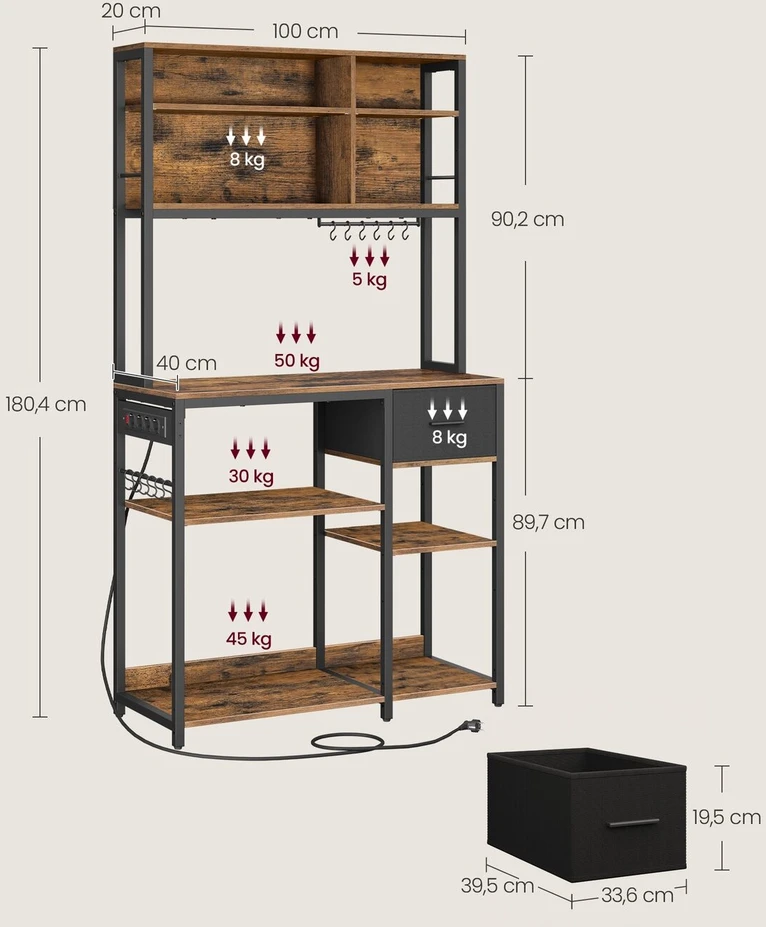 Songmics Vasagle Virtuvės lentyna su lizdais ir medžiaginiu stalčiumi 40 x 100 x 180,4 cm
