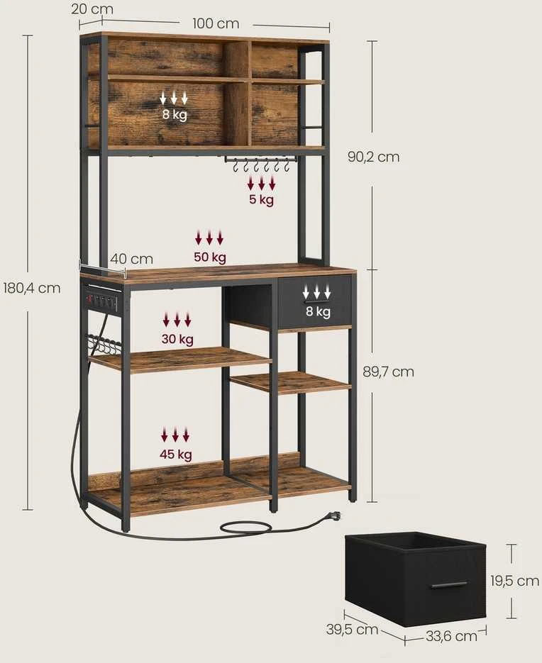 Vasagle Virtuvės lentyna su lizdais ir medžiaginiu stalčiumi 40 x 100 x 180,4 cm