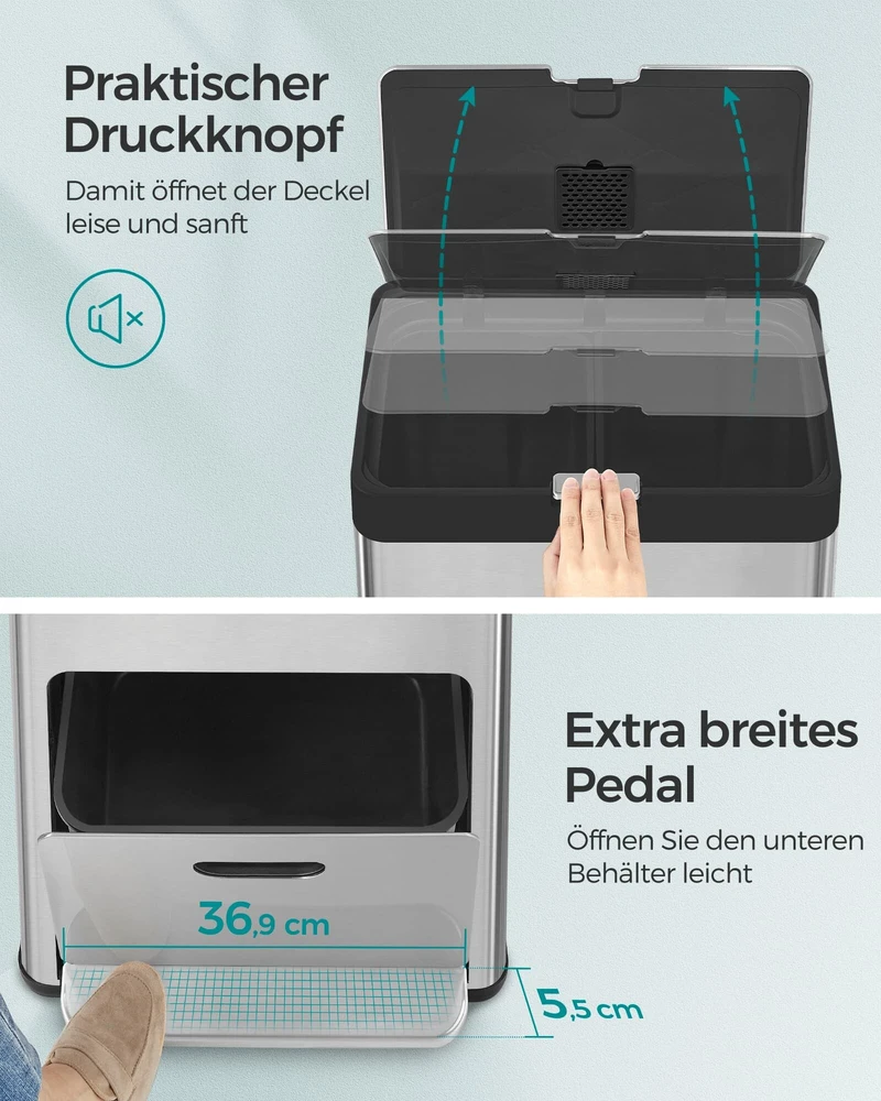 Songmics Virtuvės atliekų dėžė su pedalu ir 3 skyriais