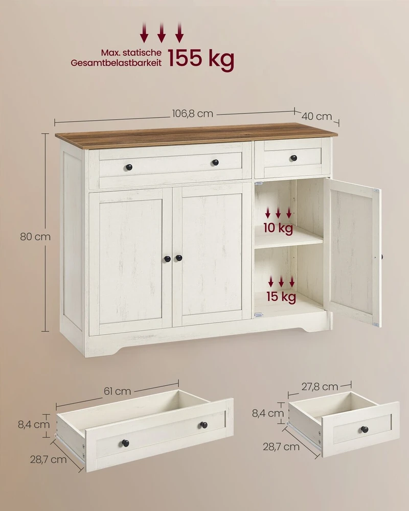 Songmics Virtuvinė spintelė, 3 durų, vintažinės baltos spalvos, 40 × 106,8 × 80 cm