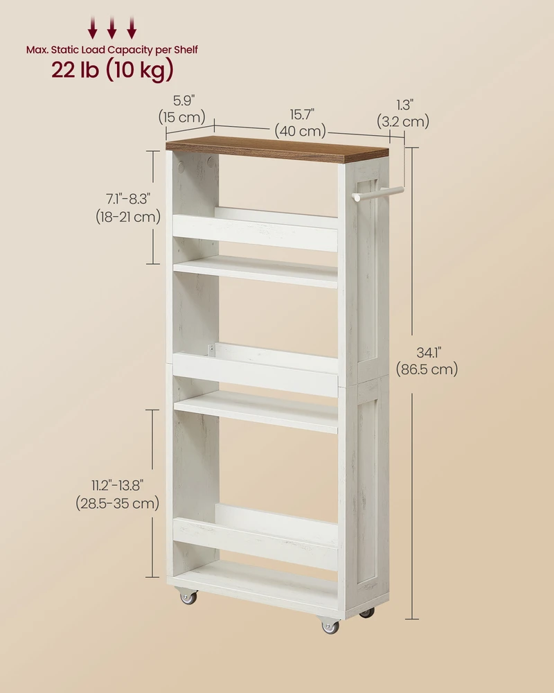 Songmics Virtuvinis vežimėlis 4 aukštų 40x15x86,5 cm kaimiškos baltos spalvos