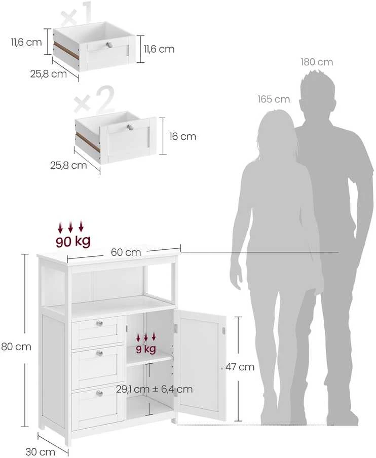 Songmics Vasagle Vonios spintelė 30 x 60 x 80 cm su 3 stalčiais