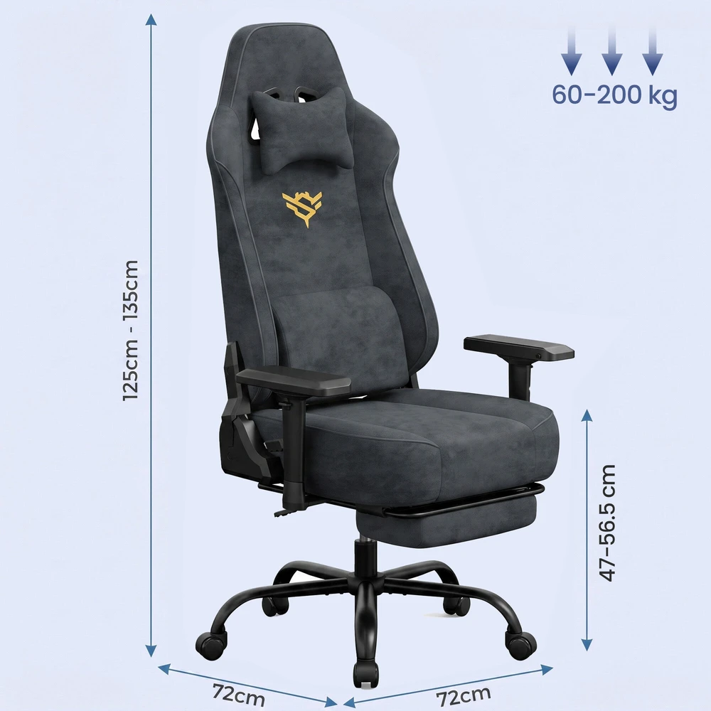 Songmics Žaidimų kėdė su 4D porankiais ir pakoju, pilka, 72 × 72 × 125–135 cm
