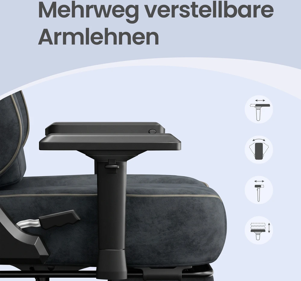 Songmics Žaidimų kėdė su 4D porankiais ir pakoju, pilka, 72 × 72 × 125–135 cm