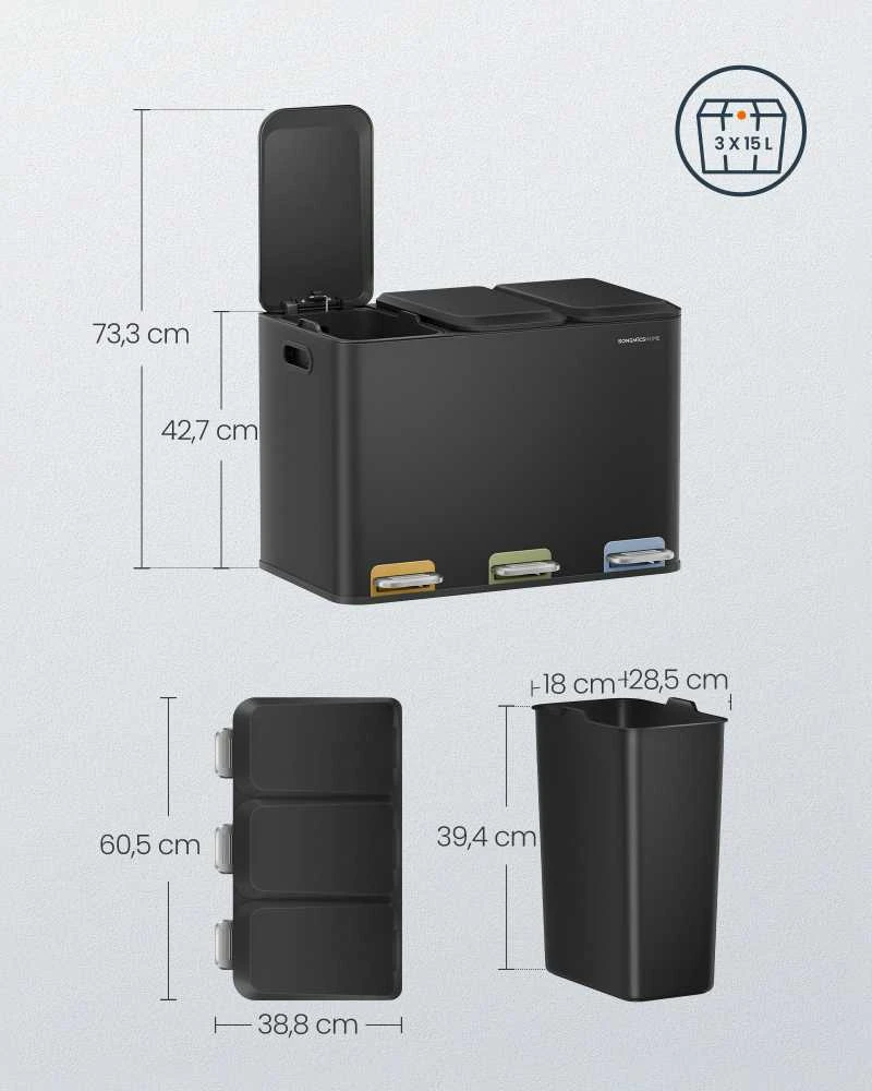 Songmics Virtuvės šiukšlių dėžė 3 x 15 L skyriai rašalas juodas
