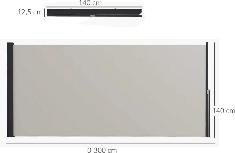 Outsunny ištraukiama šoninė markizė, 300 x 140 cm sodo markizė, apsauginė sienelė su UV apsauga, apsauga nuo vėjo, metalas, poliesteris, šviesiai pilka