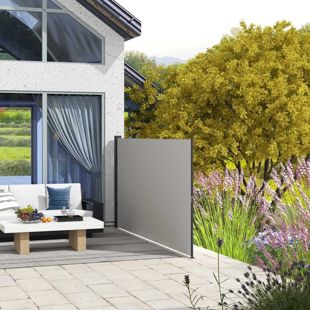 Outsunny ištraukiama šoninė markizė, 300 x 140 cm sodo markizė, apsauginė sienelė su UV apsauga, apsauga nuo vėjo, metalas, poliesteris, šviesiai pilka