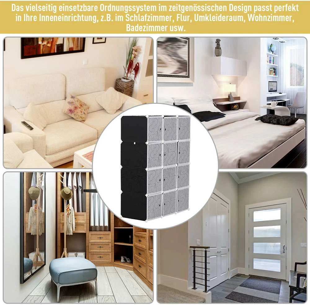 HOMCOM drabužių spinta DIY modulinė lentynų sistema, kubinė spinta su drabužių kabykla, PP, juoda + balta