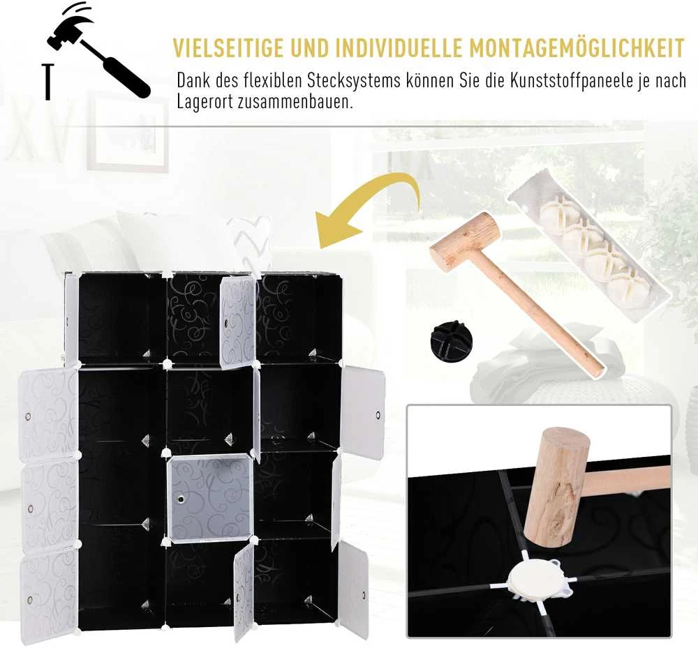 HOMCOM drabužių spinta DIY modulinė lentynų sistema, kubinė spinta su drabužių kabykla, PP, juoda + balta