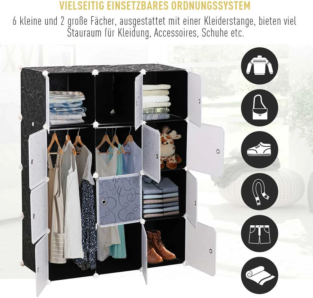 HOMCOM drabužių spinta DIY modulinė lentynų sistema, kubinė spinta su drabužių kabykla, PP, juoda + balta