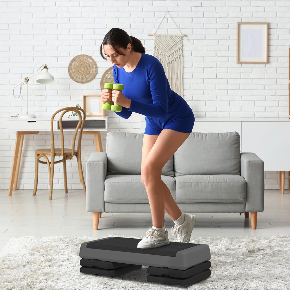 SPORTNOW aerobikos stepas, 10,5/15,5/20,5 cm reguliuojamo aukščio platforma, neslystantis, skirtas namams, sporto salei, biurui, plastikas, pilkas