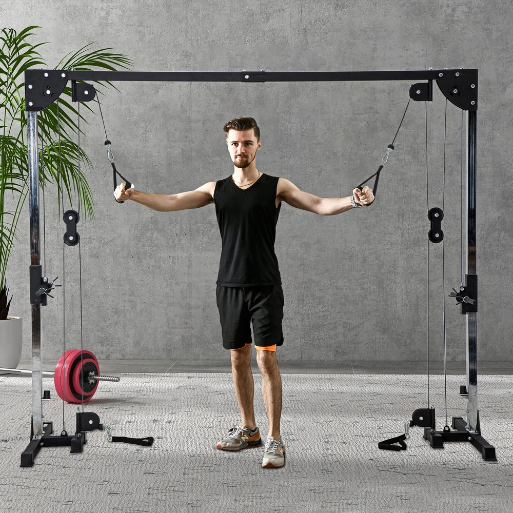 SPORTNOW kabelių treniruoklis namams, svoriai iki 50 kg kiekvienoje pusėje, kabelių stotis su rankenomis, laisvai pastatomas kabelių bokštas treniruotėms namuose, 245 x 207 cm