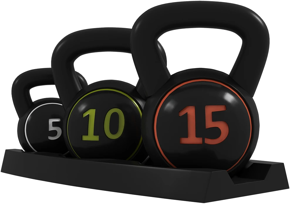 Sportnow HOMCOM virdulys (kettlebell), 2,2kg, 4,5kg, 6,8kg, 3 dalių rinkinys gimnastikai, jėgos treniruotėms, juodas