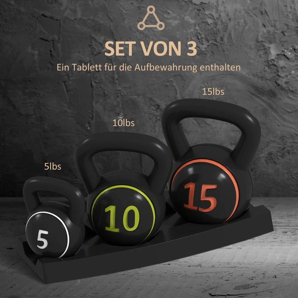 Sportnow HOMCOM virdulys (kettlebell), 2,2kg, 4,5kg, 6,8kg, 3 dalių rinkinys gimnastikai, jėgos treniruotėms, juodas
