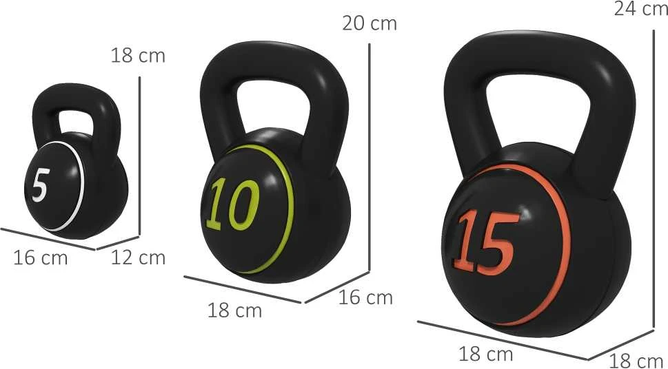 Sportnow HOMCOM virdulys (kettlebell), 2,2kg, 4,5kg, 6,8kg, 3 dalių rinkinys gimnastikai, jėgos treniruotėms, juodas