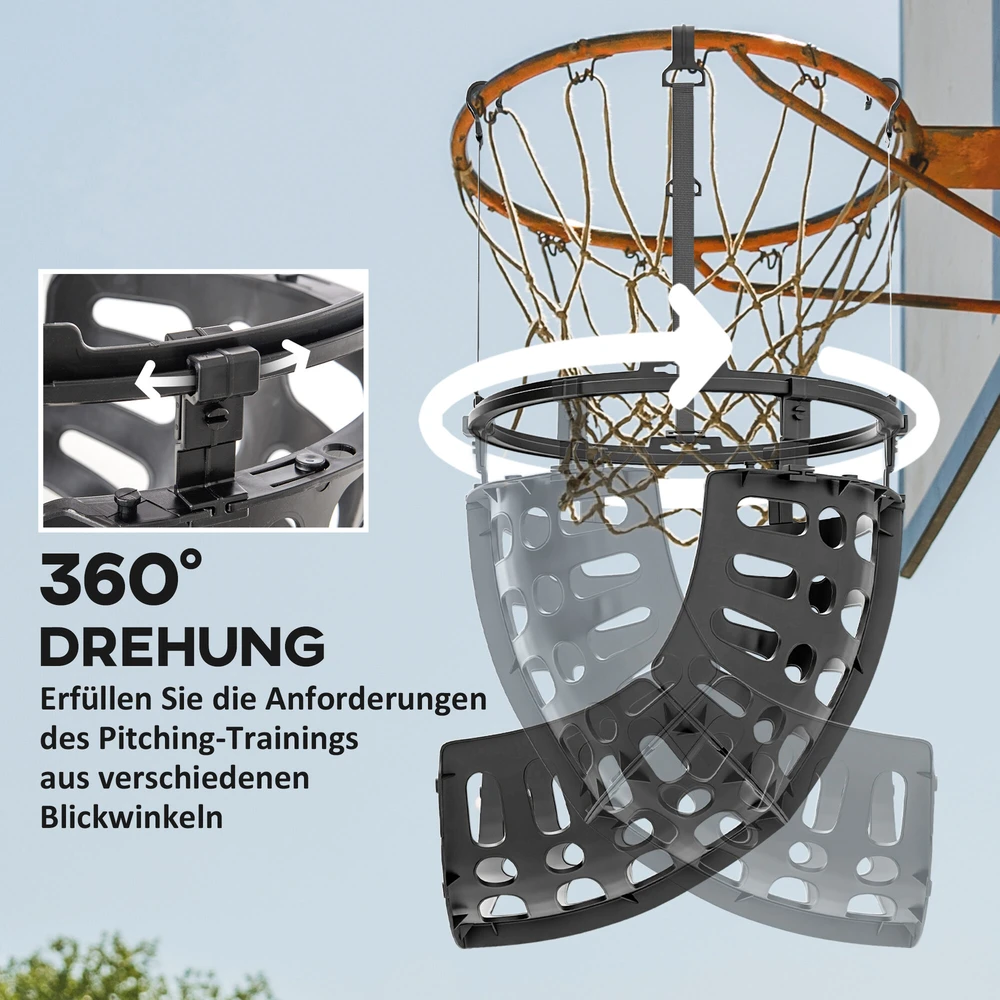 SPORTNOW krepšinio kamuolio grąžinimo įrenginys, 360° besisukantis krepšinio atšokimo priedas, krepšinio metimų treniruočių sistema su atšokimo rampa, vidaus ir lauko sąlygoms, juodas