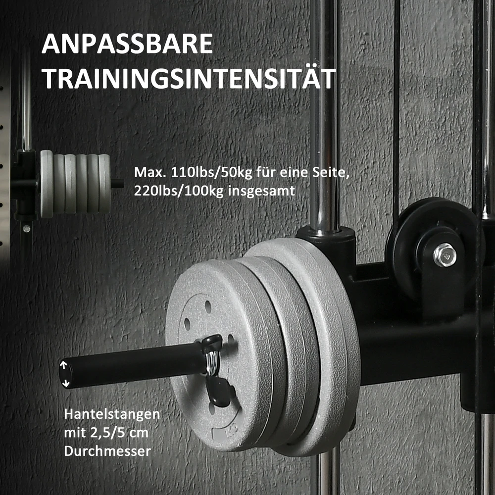 SPORTNOW reguliuojamo aukščio jėgos treniruoklis 25–165 cm su dvigubo skriemulio sistema ir adapteriais, daugiafunkcis treniruoklis iki 120 kg, namų treniruotėms, 62 x 60 x 200 cm, juodas