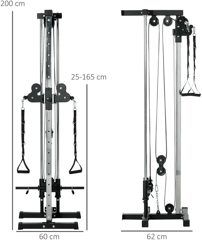 SPORTNOW reguliuojamo aukščio jėgos treniruoklis 25–165 cm su dvigubo skriemulio sistema ir adapteriais, daugiafunkcis treniruoklis iki 120 kg, namų treniruotėms, 62 x 60 x 200 cm, juodas