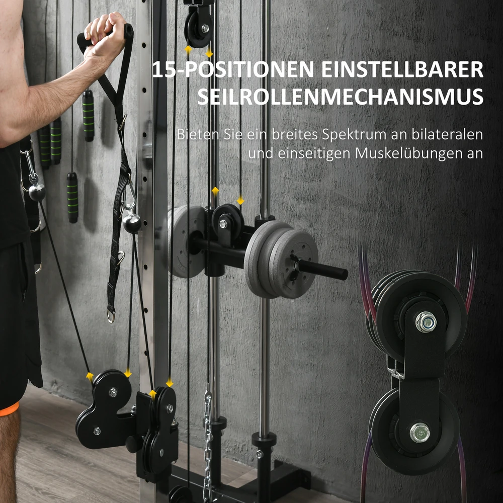 SPORTNOW reguliuojamo aukščio jėgos treniruoklis 25–165 cm su dvigubo skriemulio sistema ir adapteriais, daugiafunkcis treniruoklis iki 120 kg, namų treniruotėms, 62 x 60 x 200 cm, juodas