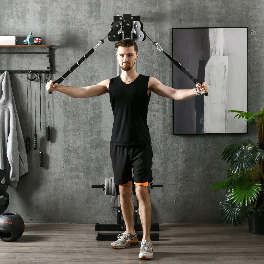 SPORTNOW reguliuojamo aukščio jėgos treniruoklis 25–165 cm su dvigubo skriemulio sistema ir adapteriais, daugiafunkcis treniruoklis iki 120 kg, namų treniruotėms, 62 x 60 x 200 cm, juodas