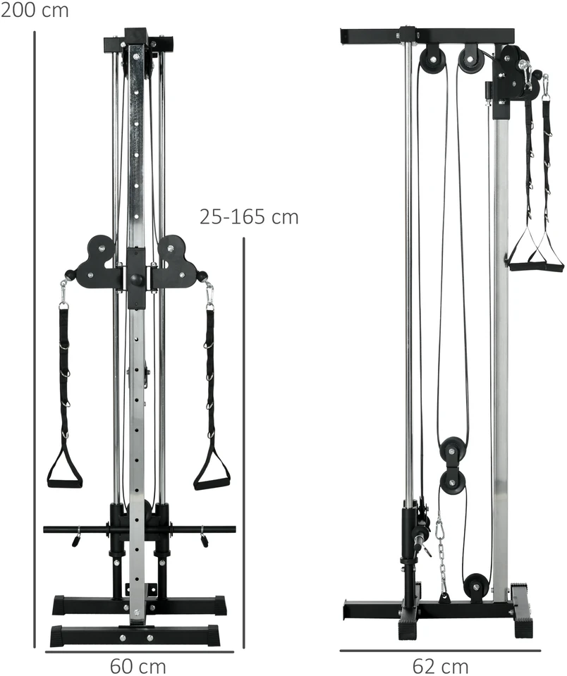 SPORTNOW reguliuojamo aukščio jėgos treniruoklis 25–165 cm su dvigubo skriemulio sistema ir adapteriais, daugiafunkcis treniruoklis iki 120 kg, namų treniruotėms, 62 x 60 x 200 cm, juodas
