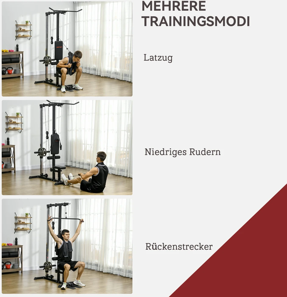 SPORTNOW daugiafunkcė jėgos treniruoklių stotis namams, su skersiniu nugaros treniruotėms ir lynų sistema, su svoriais iki 50 kg, skirta sporto salėms namuose