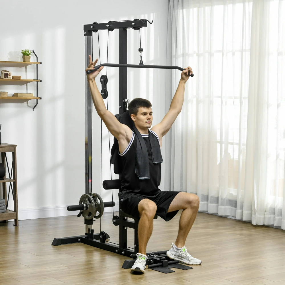SPORTNOW daugiafunkcė jėgos treniruoklių stotis namams, su skersiniu nugaros treniruotėms ir lynų sistema, su svoriais iki 50 kg, skirta sporto salėms namuose