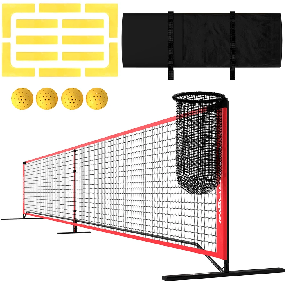 SPORTNOW nešiojamas pickleball tinklo rinkinys, 6,7 m pickleball sistema su tinklu, aikštelės žymėjimo rinkiniu, kamuoliukų rinktuvu, keturiais kamuoliukais ir krepšiu nešiojimui, laukui, įvažiavimui