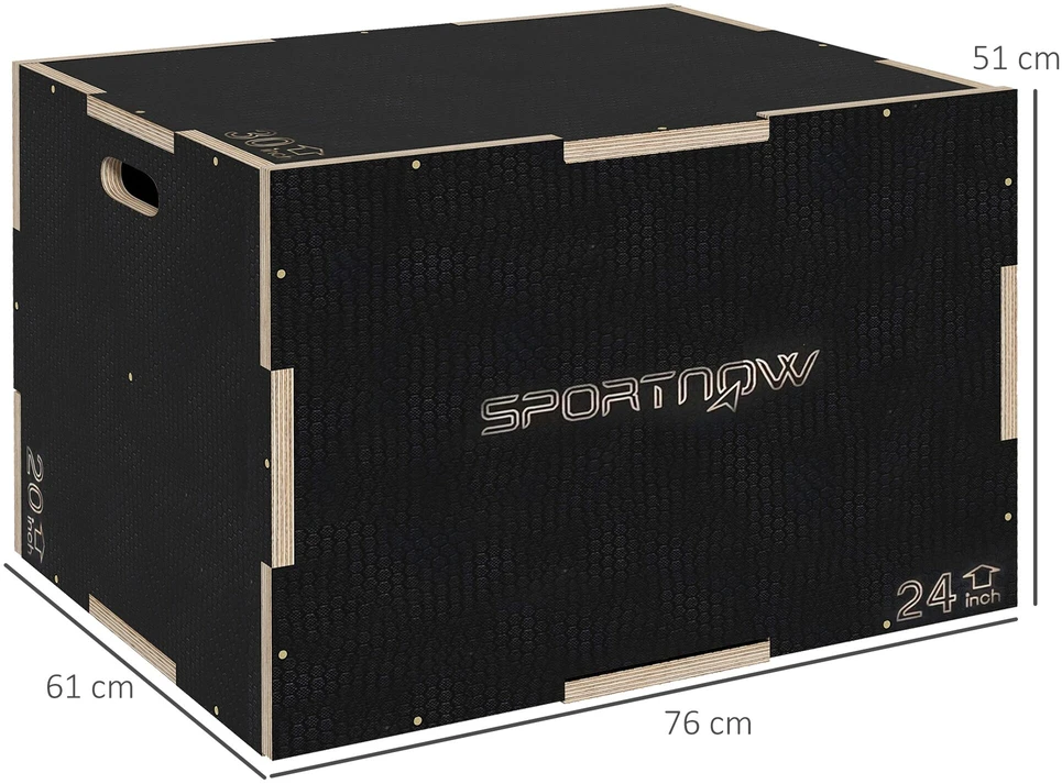 SPORTNOW šuolių dėžė, 3-in-1 plyometrinė medinė dėžė su rankenomis, platforma šuoliams namuose ir sporto salėje, juoda