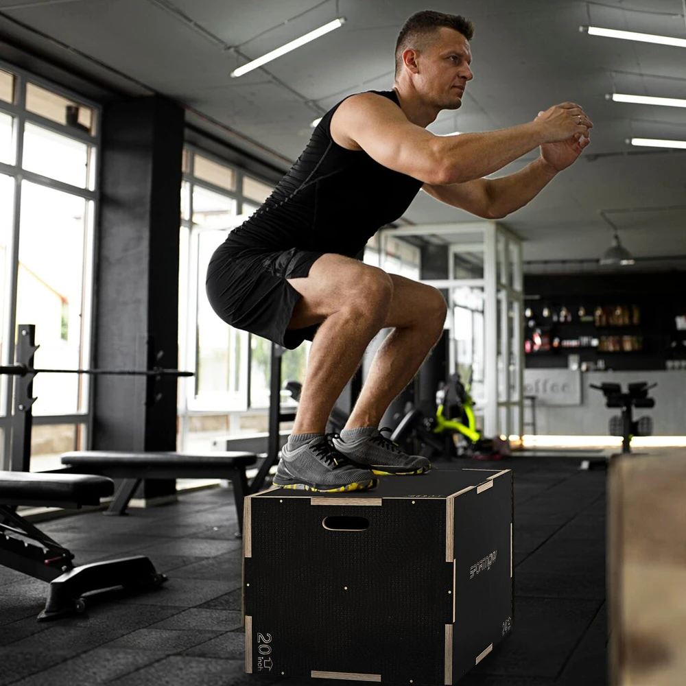 SPORTNOW šuolių dėžė, 3-in-1 plyometrinė medinė dėžė su rankenomis, platforma šuoliams namuose ir sporto salėje, juoda
