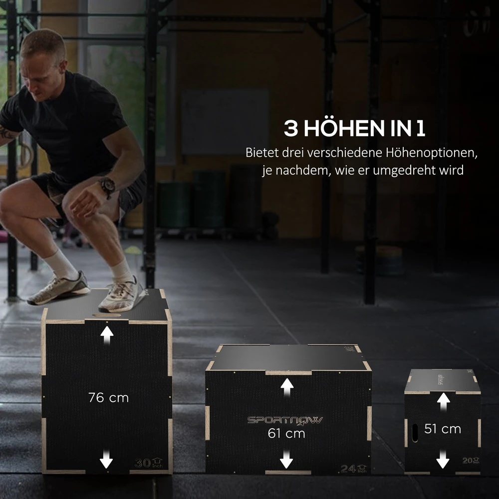 SPORTNOW šuolių dėžė, 3-in-1 plyometrinė medinė dėžė su rankenomis, platforma šuoliams namuose ir sporto salėje, juoda