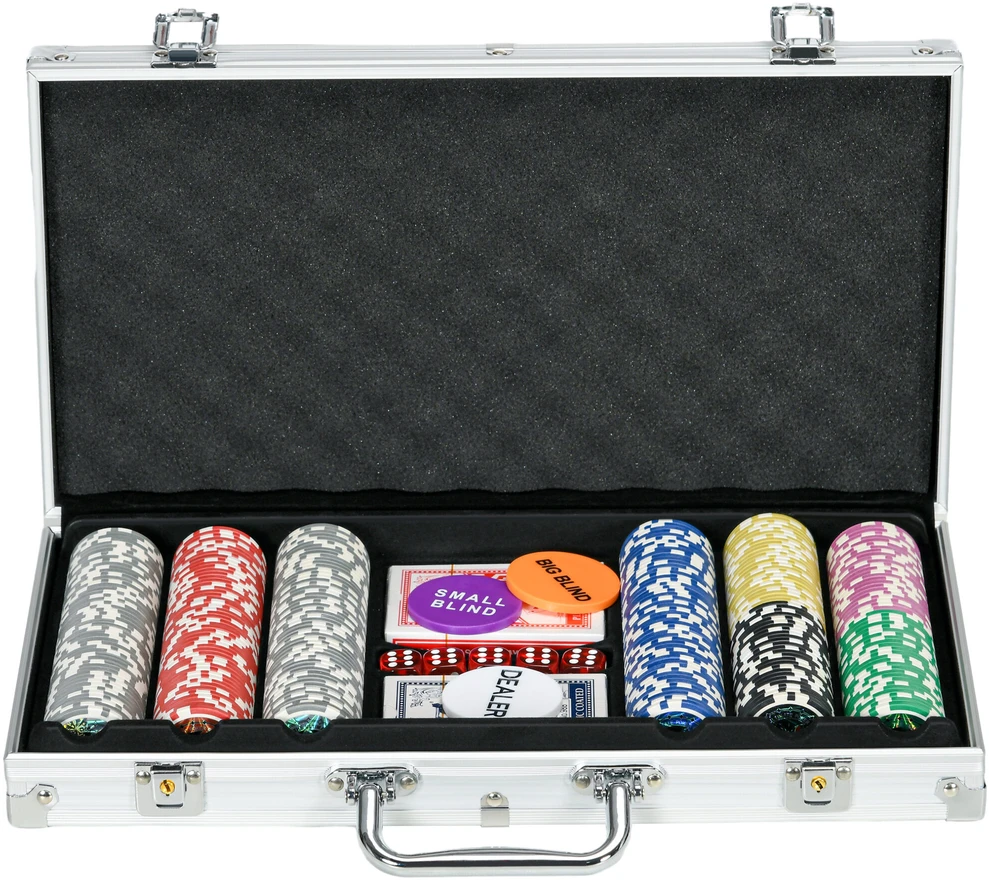 SPORTNOW pokerio rinkinys lagamine, 300 žetonų, 11,5 g, pilnas komplektas, su užraktu, 2 kortų kaladės, 5 kauliukai, dalintojo ir aklų statymų mygtukai, sidabrinis