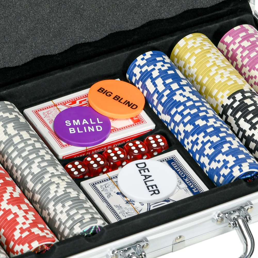 SPORTNOW pokerio rinkinys lagamine, 300 žetonų, 11,5 g, pilnas komplektas, su užraktu, 2 kortų kaladės, 5 kauliukai, dalintojo ir aklų statymų mygtukai, sidabrinis