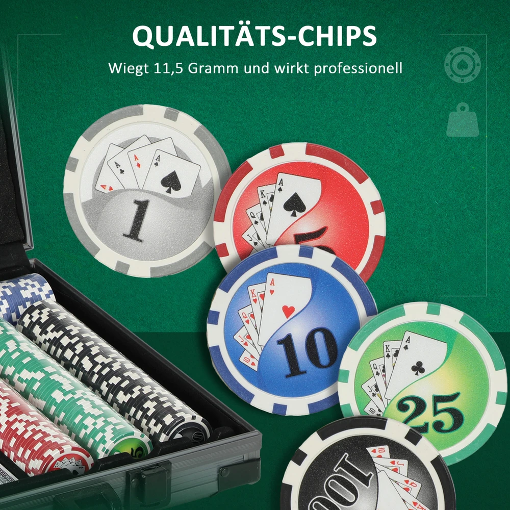 SPORTNOW pokerio lagaminas, pokerio komplektas su 400 žetonų, 11,5 g, 2 kortų kaladėmis, 5 kauliukais, dalintojo žetonu, žaidimų kilimėliu, aliumininiu lagaminu