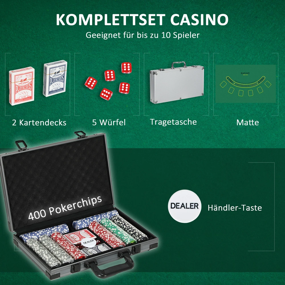 SPORTNOW pokerio lagaminas, pokerio komplektas su 400 žetonų, 11,5 g, 2 kortų kaladėmis, 5 kauliukais, dalintojo žetonu, žaidimų kilimėliu, aliumininiu lagaminu