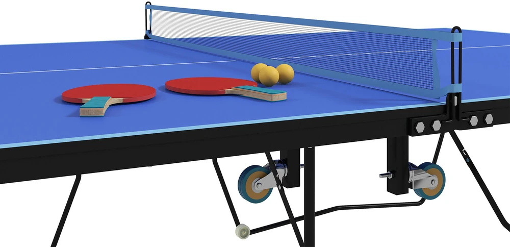 SPORTNOW lauko stalo teniso stalas, sulankstomas stalo teniso stalas su tinklu, ratukais, 2 stalo teniso raketėmis, 3 kamuoliukais, plieno, mėlynas, 274x152,5x76 cm