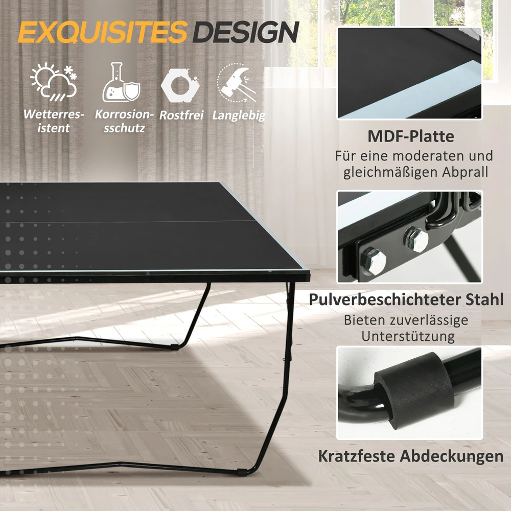 SPORTNOW lauko stalo teniso stalas, sulankstomas stalo teniso stalas su tinkleliu, ratukais, 2 raketėmis ir 3 kamuoliukais, plieno, juodas, 274 x 152,5 x 76 cm