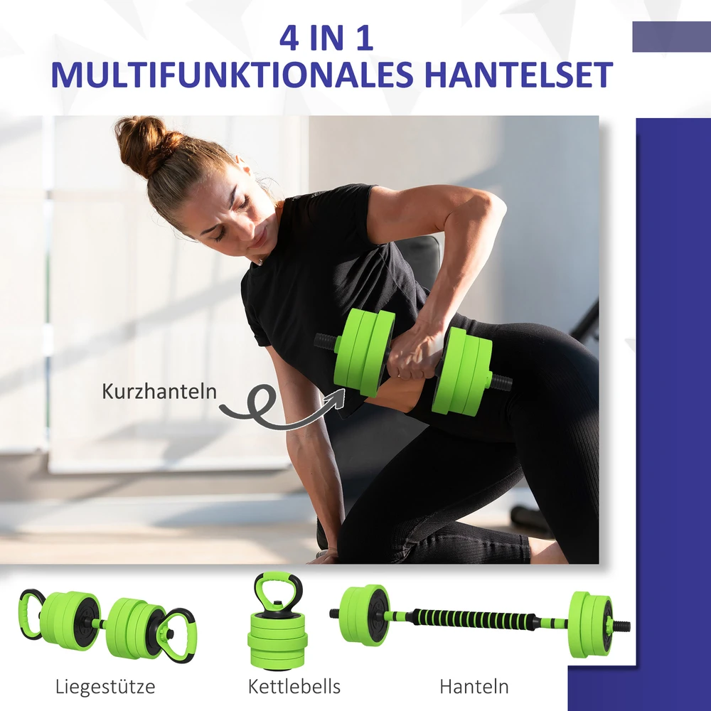 SPORTNOW 4-in-1 hantelių rinkinys, 20 kg, reguliuojami svarmenys, štanga, virdulys (kettlebell), atsispaudimų rankenos, profesionaliam jėgos treniruočių ir svorių kilnojimo sportui namuose