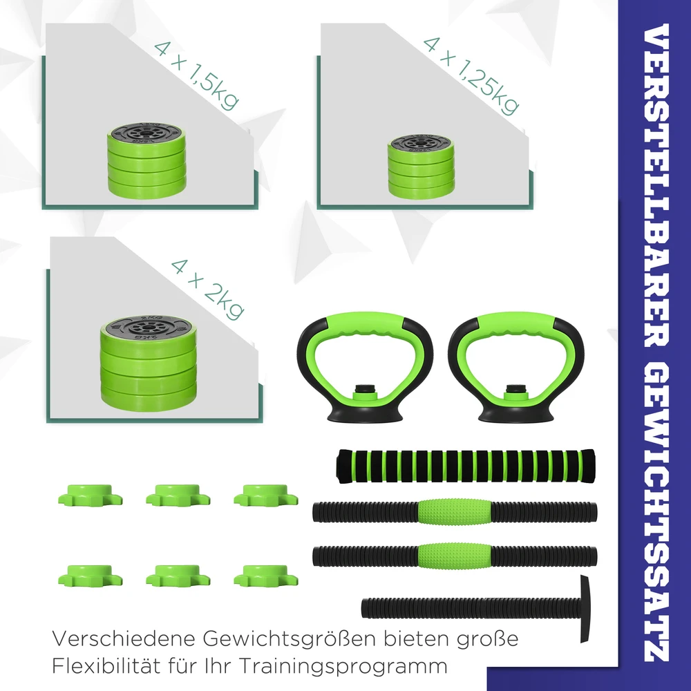 SPORTNOW 4-in-1 hantelių rinkinys, 20 kg, reguliuojami svarmenys, štanga, virdulys (kettlebell), atsispaudimų rankenos, profesionaliam jėgos treniruočių ir svorių kilnojimo sportui namuose