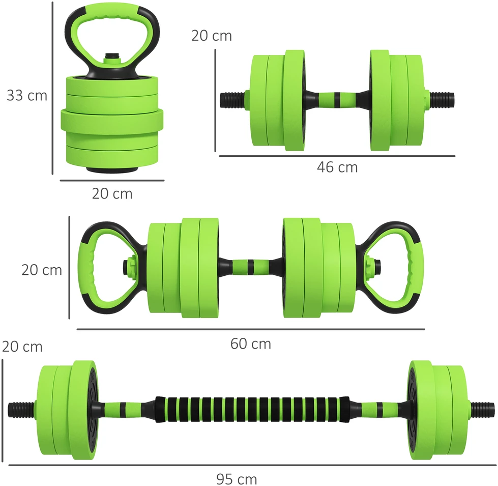 SPORTNOW 4-in-1 hantelių rinkinys, 20 kg, reguliuojami svarmenys, štanga, virdulys (kettlebell), atsispaudimų rankenos, profesionaliam jėgos treniruočių ir svorių kilnojimo sportui namuose