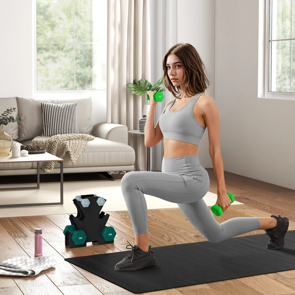 SPORTNOW hantelių rinkinys, 6 hanteliai su stovu, 2 x 1kg, 2 x 3kg, 2 x 5kg metalinis hantelių komplektas fitnesui, mankštai ir namams