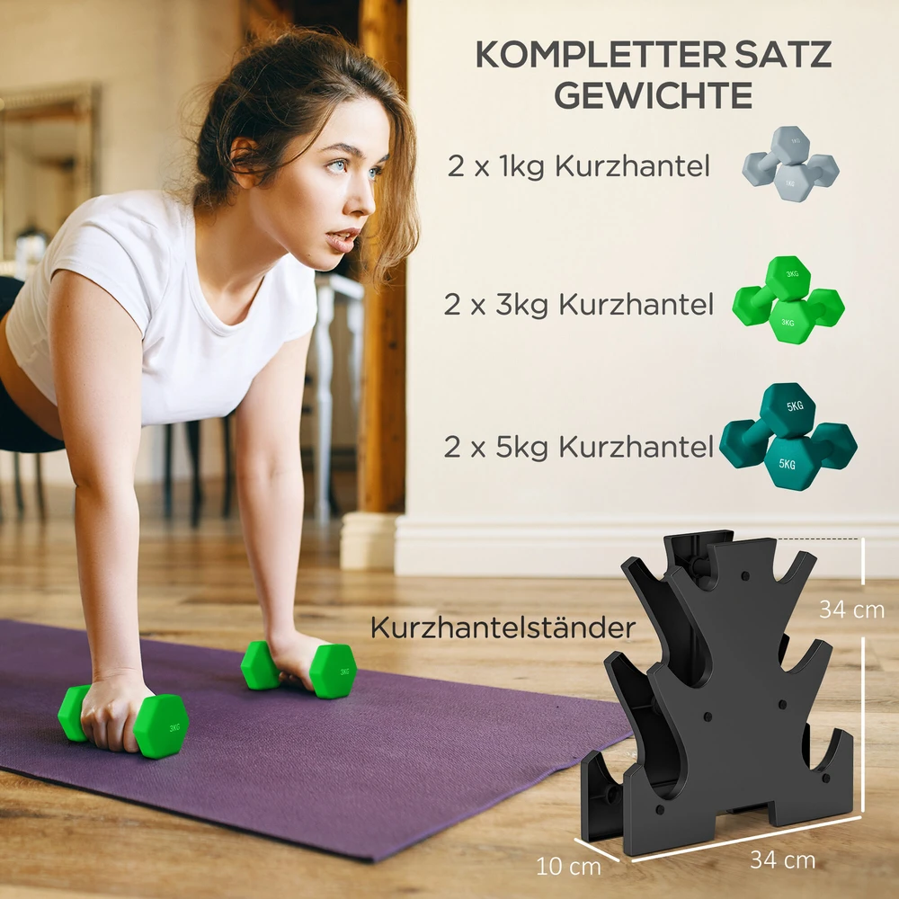 SPORTNOW hantelių rinkinys, 6 hanteliai su stovu, 2 x 1kg, 2 x 3kg, 2 x 5kg metalinis hantelių komplektas fitnesui, mankštai ir namams