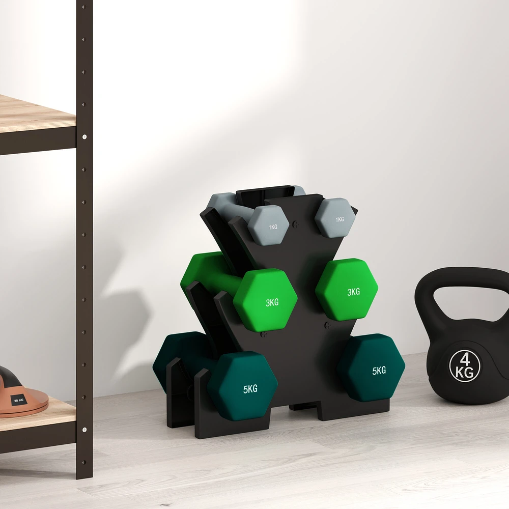 SPORTNOW hantelių rinkinys, 6 hanteliai su stovu, 2 x 1kg, 2 x 3kg, 2 x 5kg metalinis hantelių komplektas fitnesui, mankštai ir namams