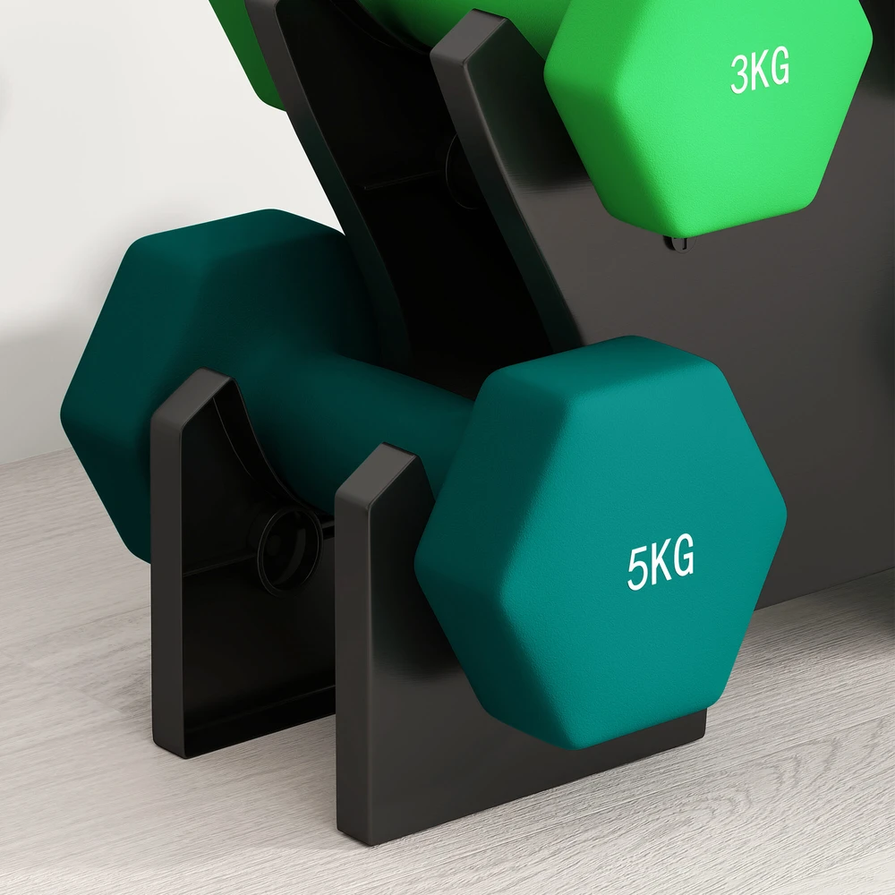 SPORTNOW hantelių rinkinys, 6 hanteliai su stovu, 2 x 1kg, 2 x 3kg, 2 x 5kg metalinis hantelių komplektas fitnesui, mankštai ir namams