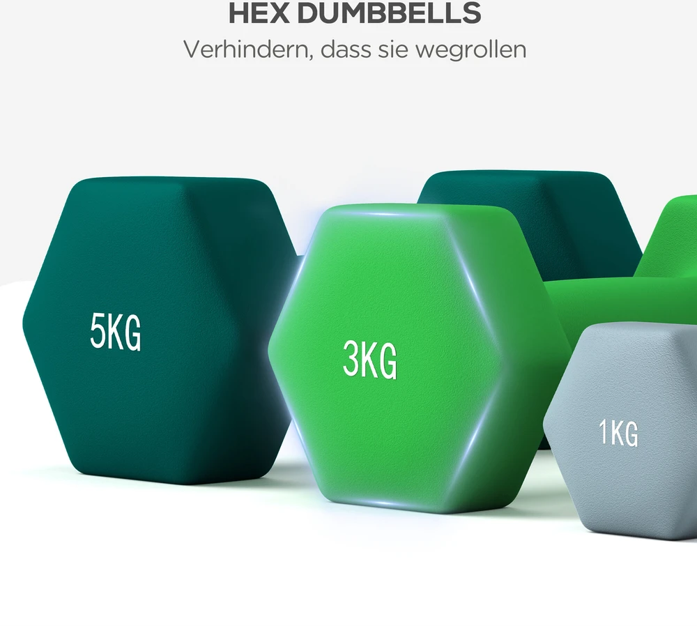 SPORTNOW hantelių rinkinys, 6 hanteliai su stovu, 2 x 1kg, 2 x 3kg, 2 x 5kg metalinis hantelių komplektas fitnesui, mankštai ir namams