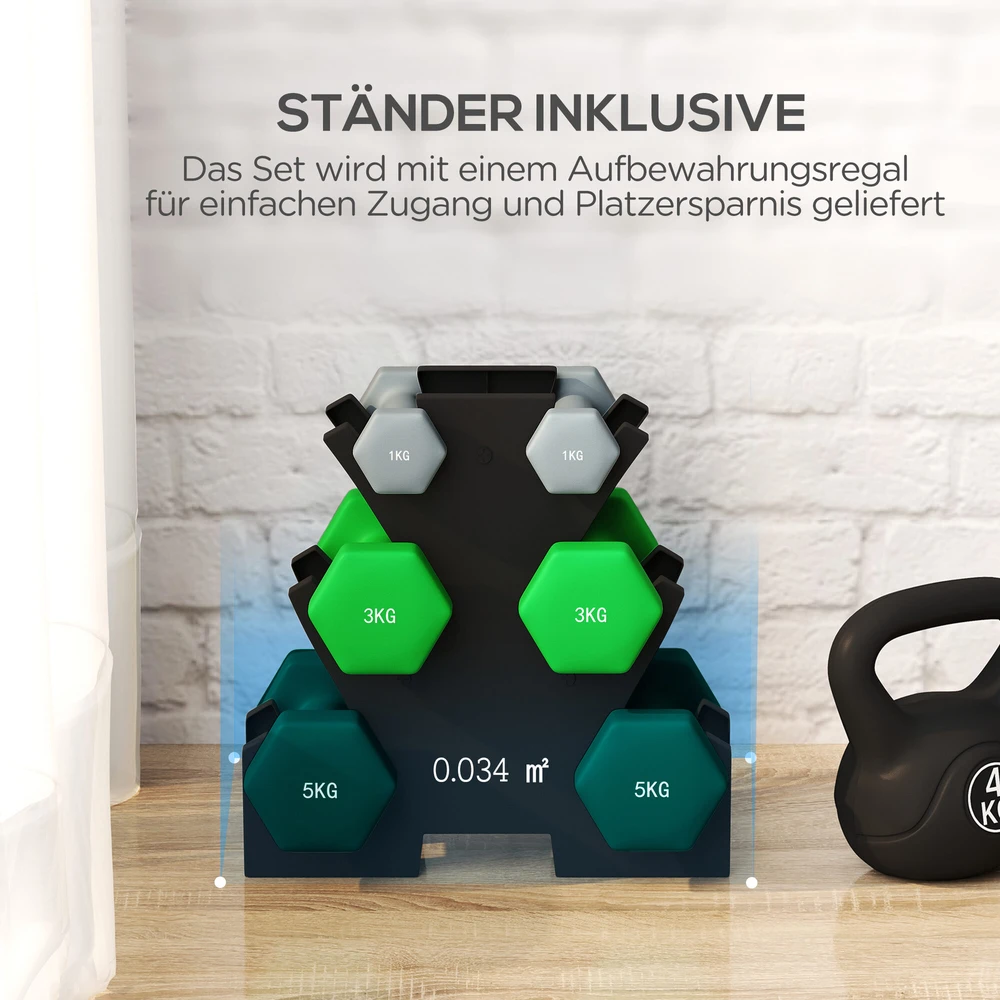 SPORTNOW hantelių rinkinys, 6 hanteliai su stovu, 2 x 1kg, 2 x 3kg, 2 x 5kg metalinis hantelių komplektas fitnesui, mankštai ir namams