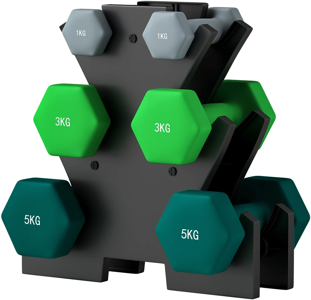 SPORTNOW hantelių rinkinys, 6 hanteliai su stovu, 2 x 1kg, 2 x 3kg, 2 x 5kg metalinis hantelių komplektas fitnesui, mankštai ir namams