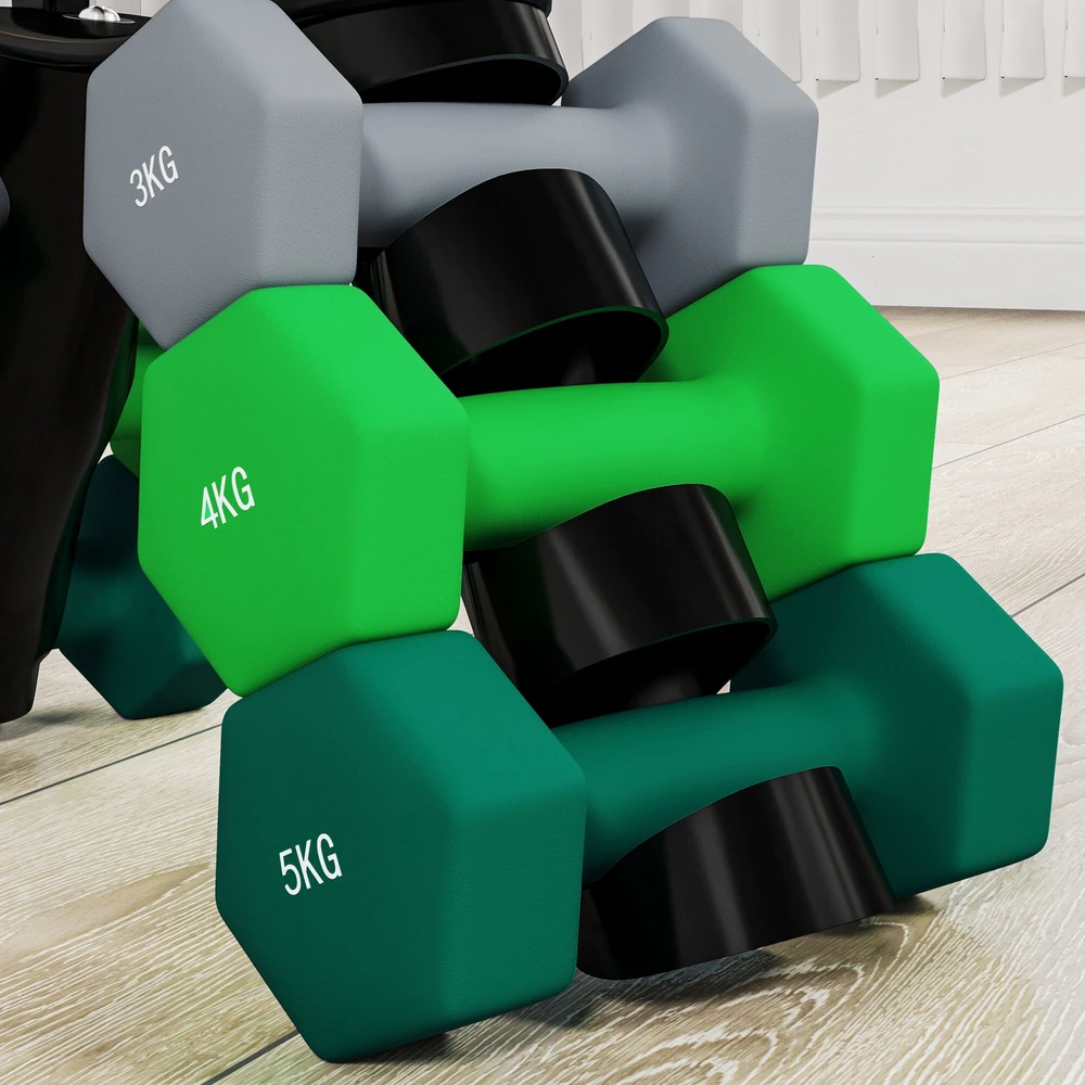 SPORTNOW 6 dalių hantelių rinkinys 2 x 3kg, 2 x 4kg, 2 x 5kg, hantelių rinkinys su stovu, šešiakampiai hanteliai, jėgos treniruotėms, sportui namuose, pilka+žalia+turkio spalva