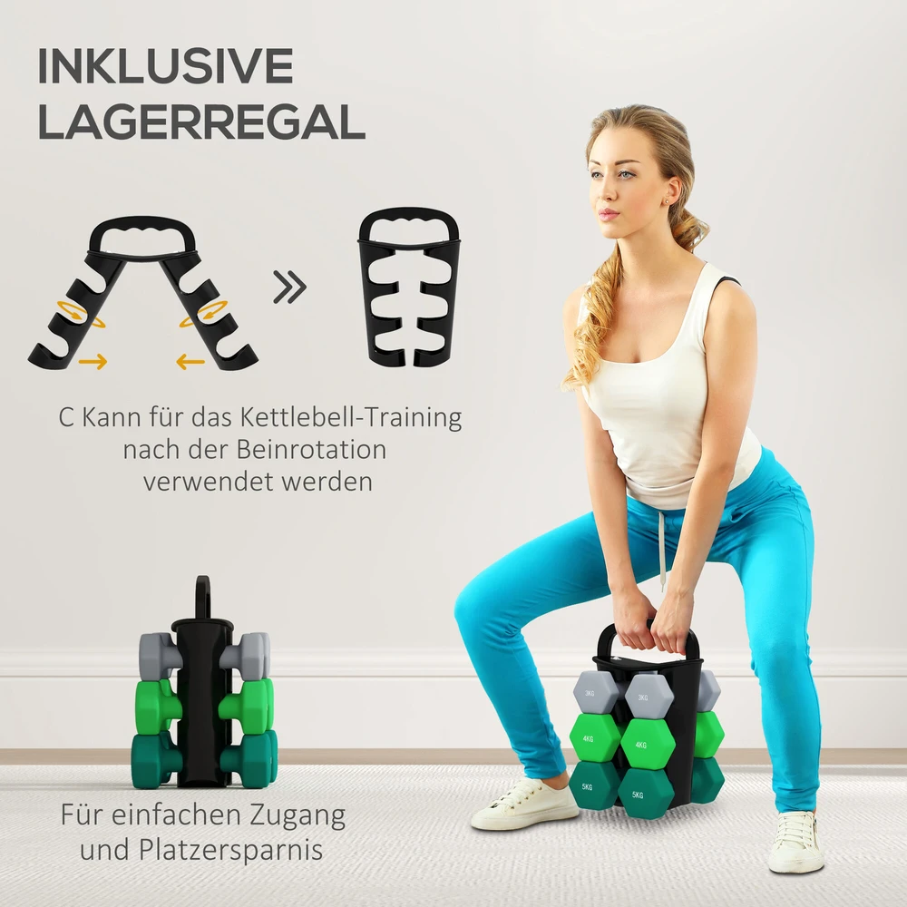 SPORTNOW 6 dalių hantelių rinkinys 2 x 3kg, 2 x 4kg, 2 x 5kg, hantelių rinkinys su stovu, šešiakampiai hanteliai, jėgos treniruotėms, sportui namuose, pilka+žalia+turkio spalva